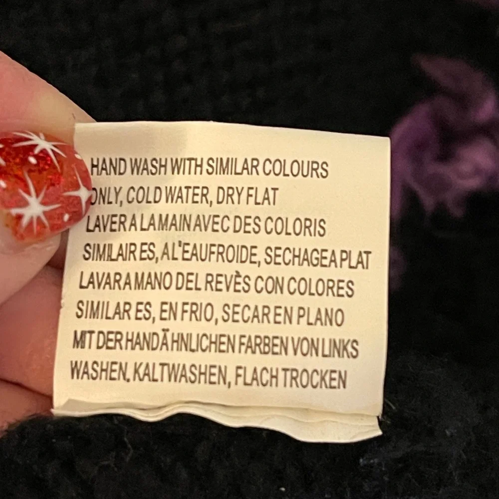 Forla Paris Sweater Black Wool Blend Floral Applique Ruffle Boho Grungy Medium - Picture 9 of 10